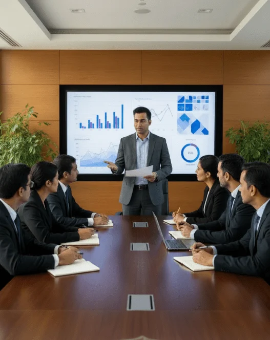 QKTech team presenting call analytics dashboards to the client in a meeting room