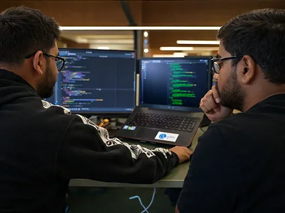 Two engineers reviewing code on twin monitors during a hackathon