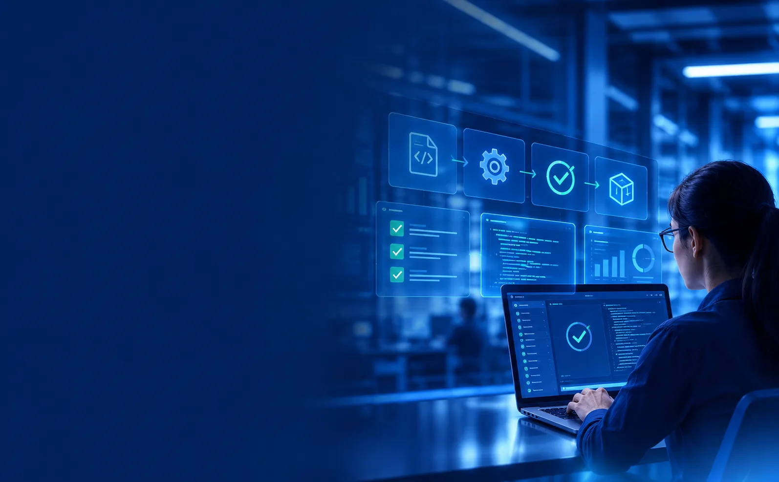 Engineer reviewing automated quality checks and test dashboards